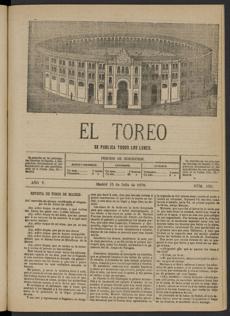 Miniatura de El Toreo: suplemento a "La Correspondencia Teatral" del 15 de julio de 1878, nº 139