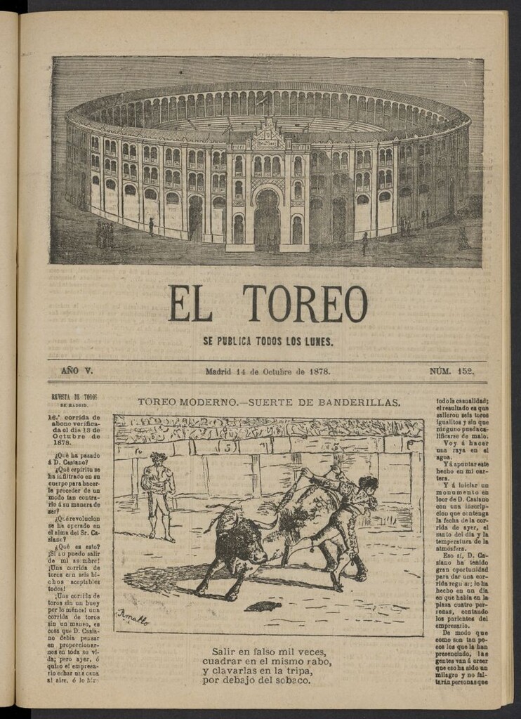 Miniatura de El Toreo: suplemento a "La Correspondencia Teatral" del 14 de octubre de 1878, nº 152