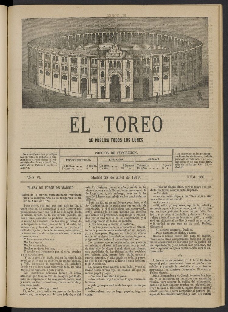 Miniatura de El Toreo: suplemento a "La Correspondencia Teatral" del 28 de abril de 1879, nº 180