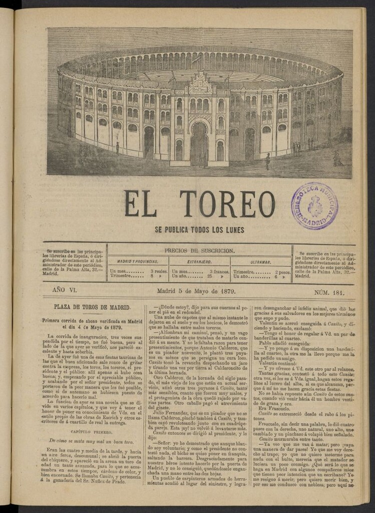 Miniatura de El Toreo: suplemento a "La Correspondencia Teatral" del 5 de mayo de 1879, nº 181