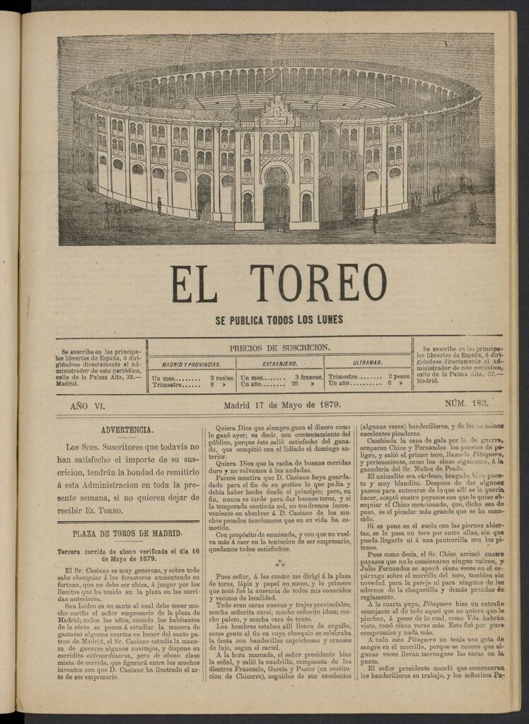 Miniatura de El Toreo: suplemento a "La Correspondencia Teatral" del 17 de mayo de 1879, nº 183