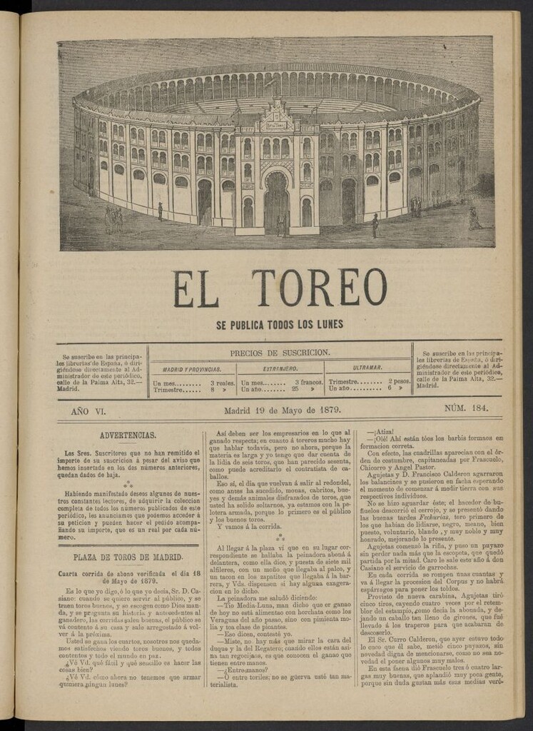 Miniatura de El Toreo: suplemento a "La Correspondencia Teatral" del 19 de mayo de 1879, nº 184