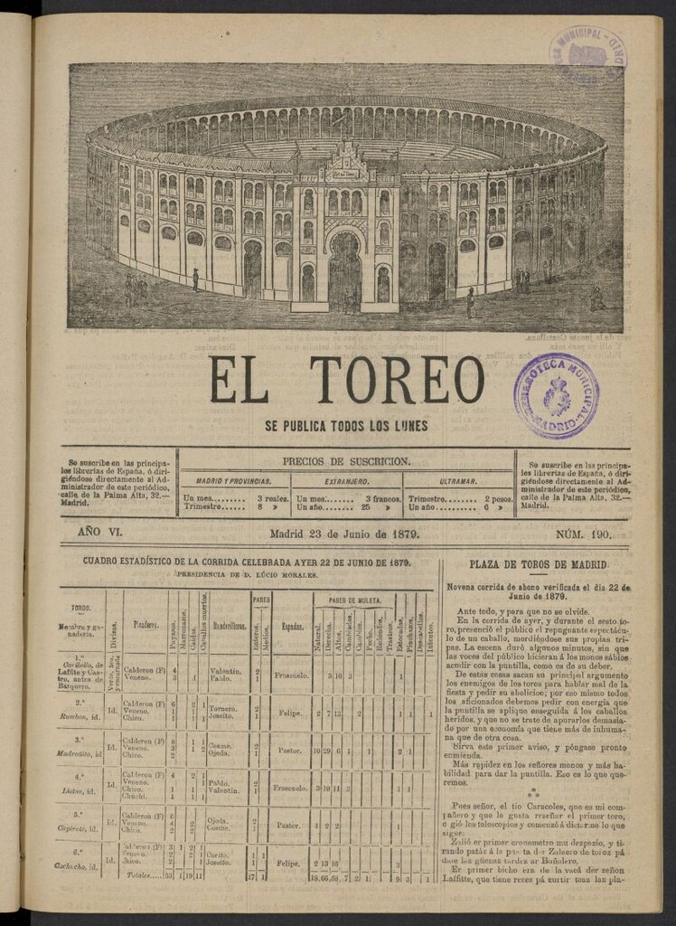 Miniatura de El Toreo: suplemento a "La Correspondencia Teatral" del 23 de junio de 1879, nº 190