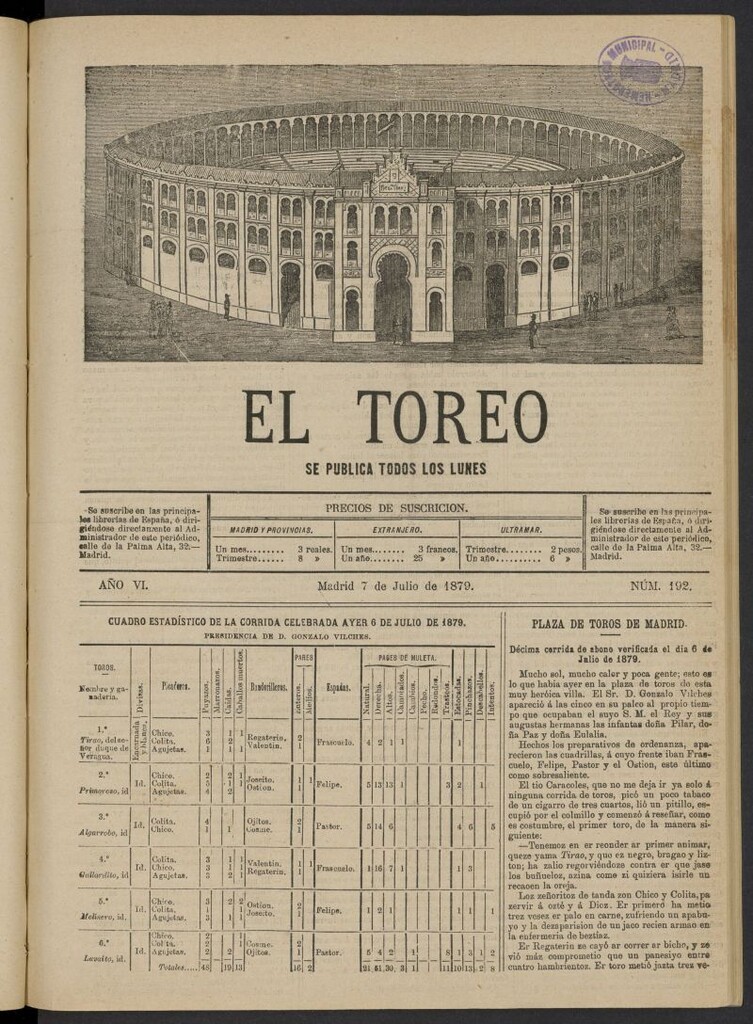 Miniatura de El Toreo: suplemento a "La Correspondencia Teatral" del 7 de julio de 1879, nº 192