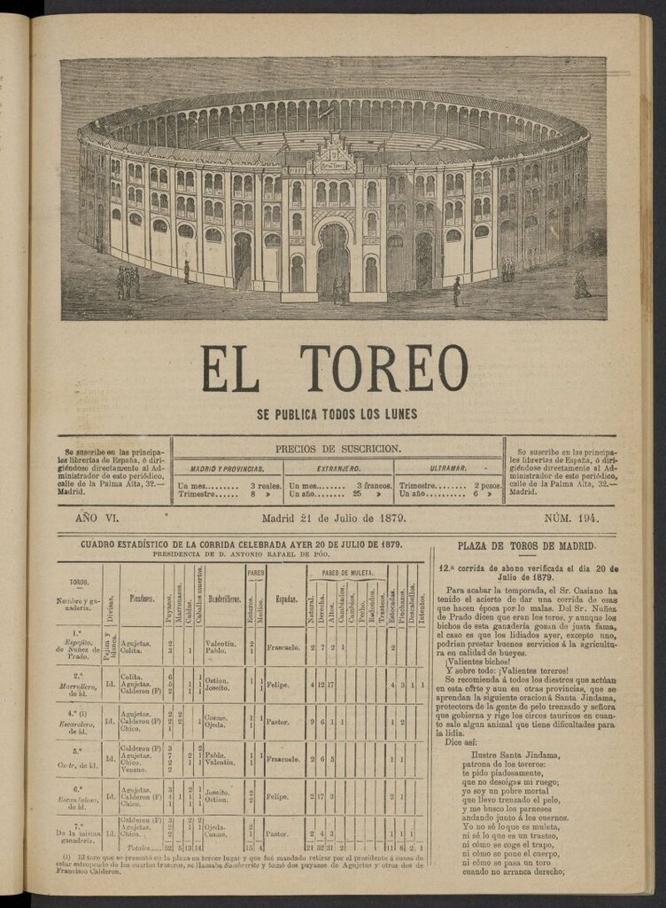 Miniatura de El Toreo: suplemento a "La Correspondencia Teatral" del 14 de julio de 1879, nº 193