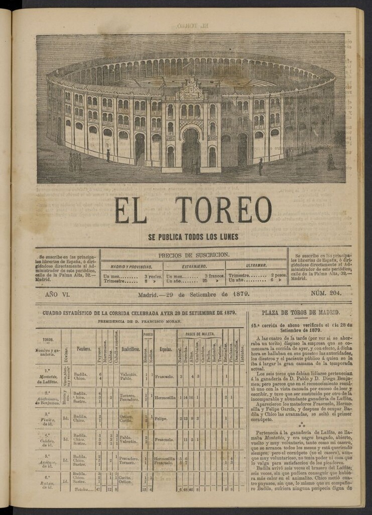 Miniatura de El Toreo: suplemento a "La Correspondencia Teatral" del 29 de septiembre de 1879, nº 204