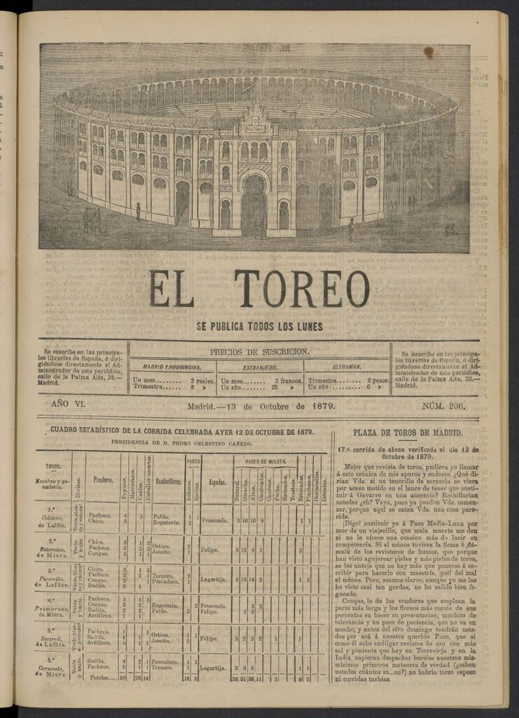 Miniatura de El Toreo: suplemento a "La Correspondencia Teatral" del 13 de octubre de 1879, nº 206