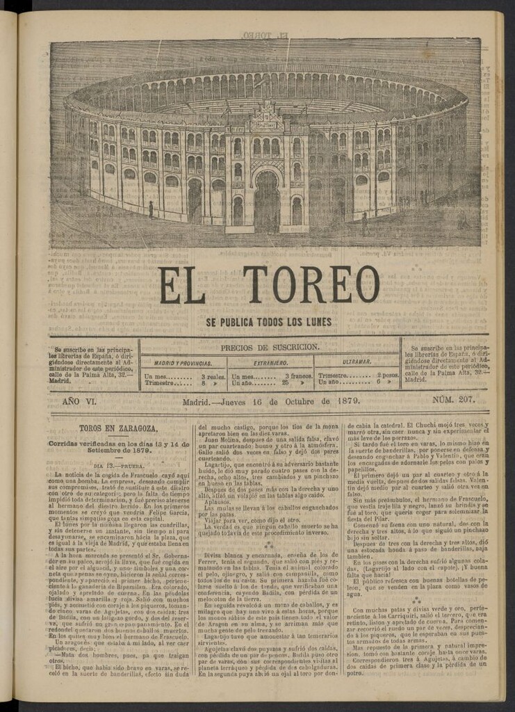 Miniatura de El Toreo: suplemento a "La Correspondencia Teatral" del 16 de octubre de 1879, nº 207