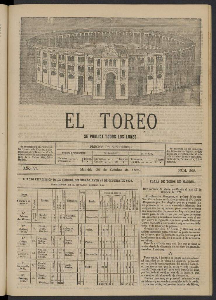 Miniatura de El Toreo: suplemento a "La Correspondencia Teatral" del 20 de octubre de 1879, nº 208
