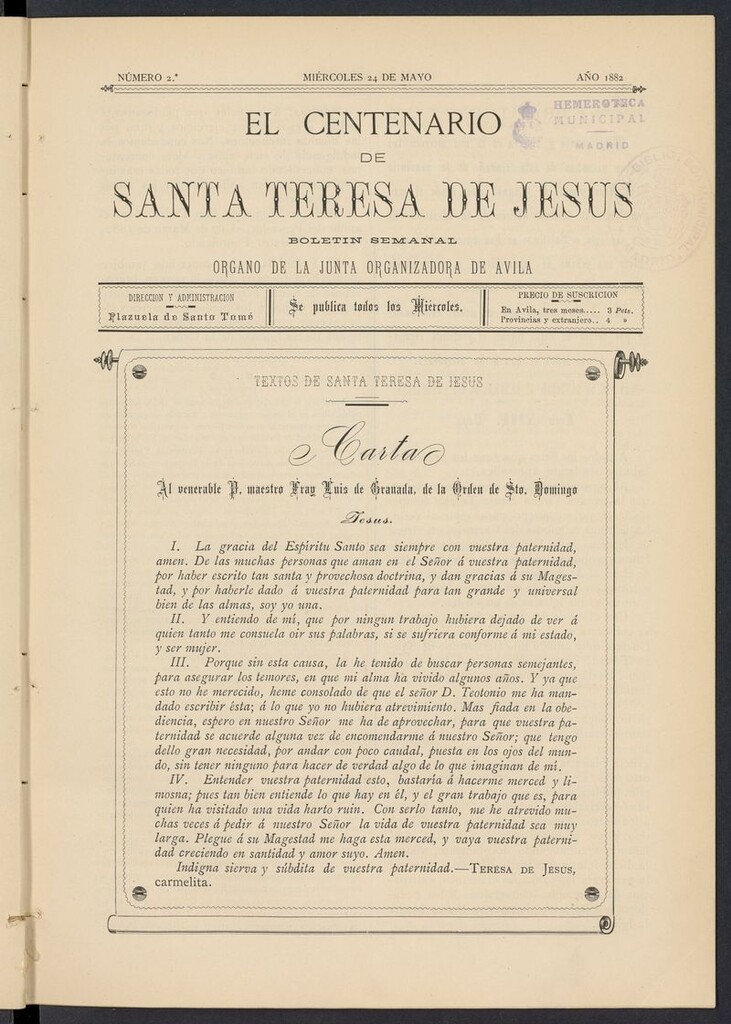 Miniatura de El Centenario de Santa Teresa de Jesús del 24 de mayo de 1882