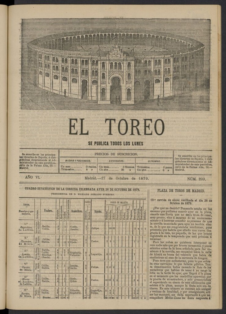 Miniatura de El Toreo: suplemento a "La Correspondencia Teatral" del 27 de octubre de 1879, nº 209