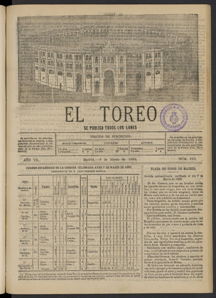 Miniatura de El Toreo: suplemento a "La Correspondencia Teatral" del 8 de marzo de 1880, nº 229