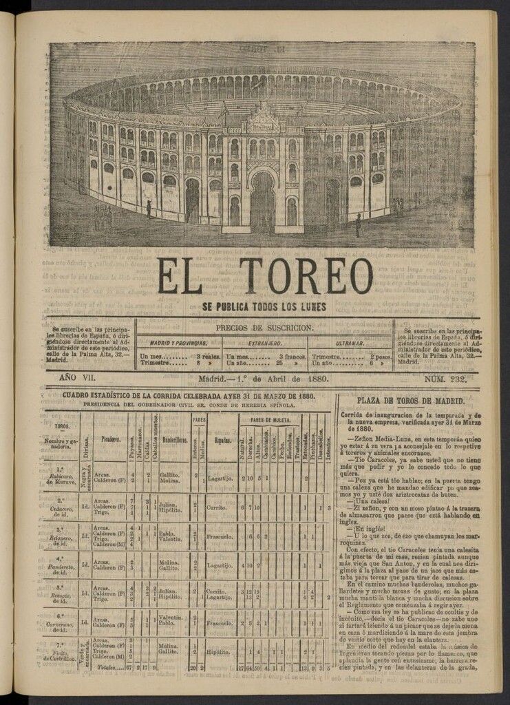 Miniatura de El Toreo: suplemento a "La Correspondencia Teatral" del 1 de abril de 1880, nº 232