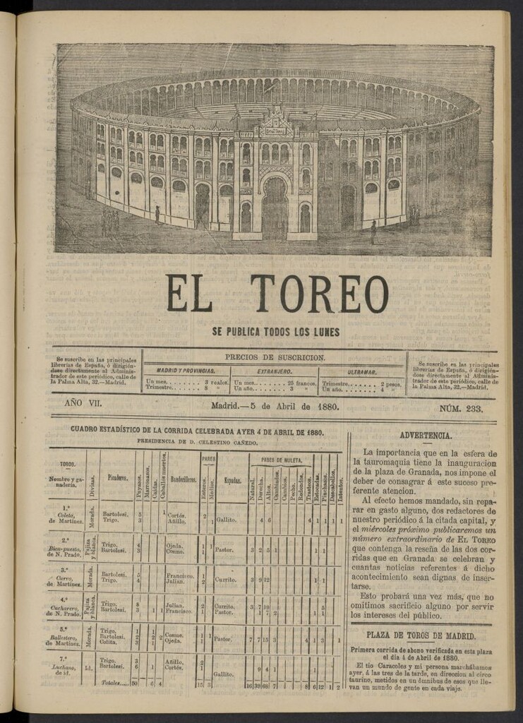 Miniatura de El Toreo: suplemento a "La Correspondencia Teatral" del 5 de abril de 1880, nº 233