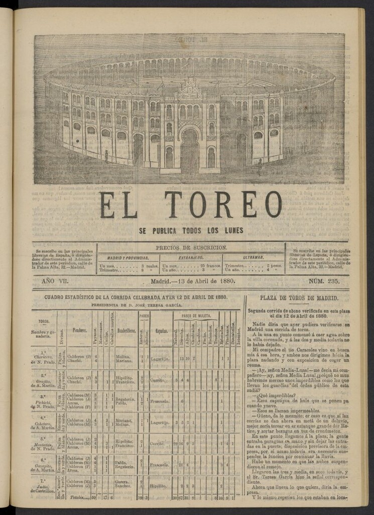 Miniatura de El Toreo: suplemento a "La Correspondencia Teatral" del 13 de abril de 1880, nº 235