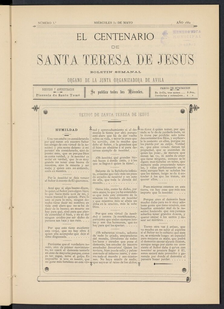 Miniatura de El Centenario de Santa Teresa de Jesús del 31 de mayo de 1882