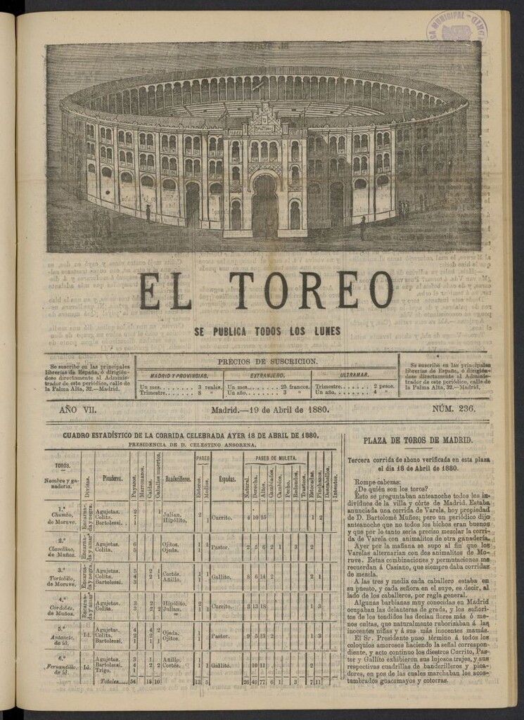 Miniatura de El Toreo: suplemento a "La Correspondencia Teatral" del 19 de abril de 1880, nº 236