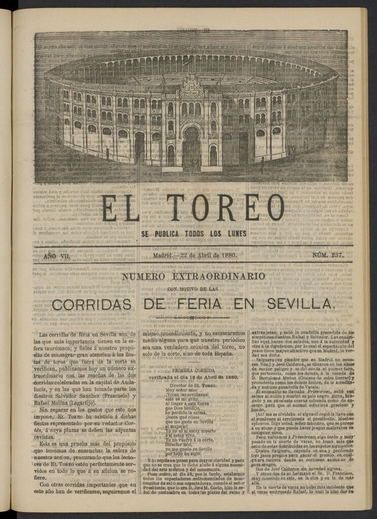 Miniatura de El Toreo: suplemento a "La Correspondencia Teatral" del 22 de abril de 1880, nº 237
