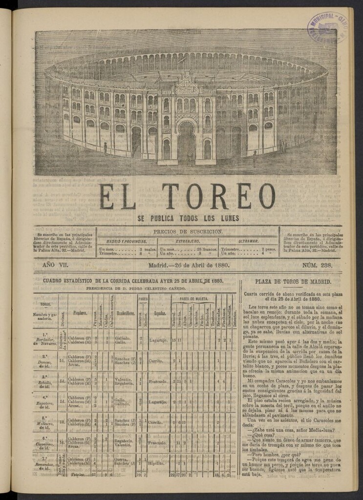 Miniatura de El Toreo: suplemento a "La Correspondencia Teatral" del 26 de abril de 1880, nº 238