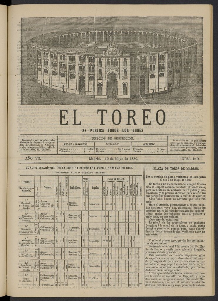Miniatura de El Toreo: suplemento a "La Correspondencia Teatral" del 10 de mayo de 1880, nº 240