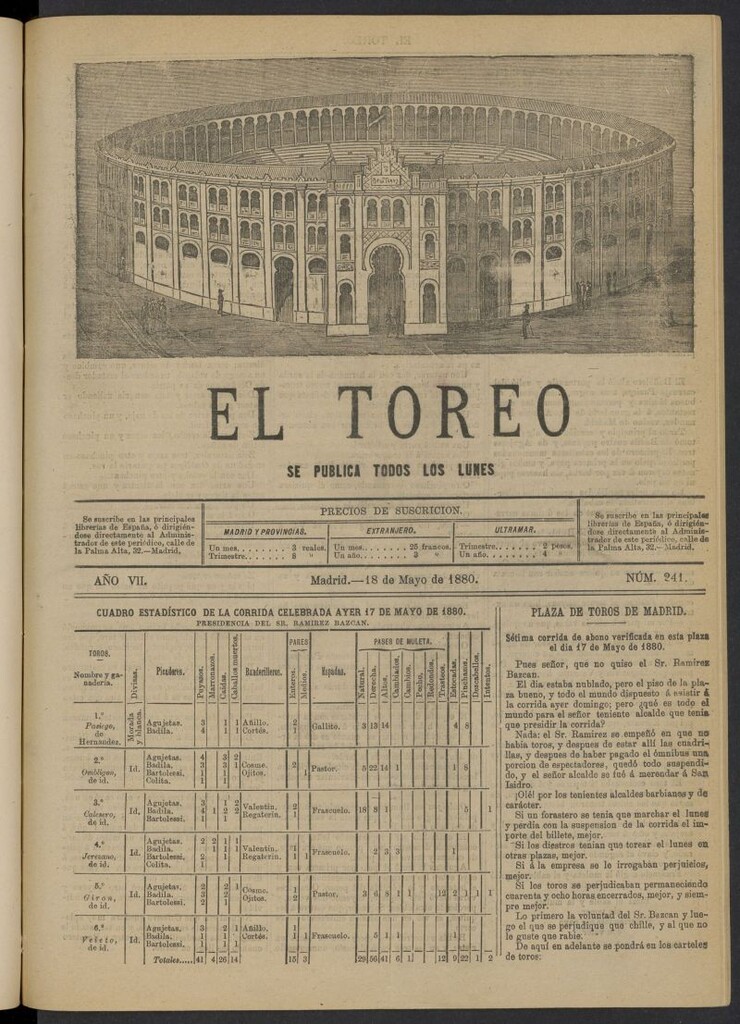 Miniatura de El Toreo: suplemento a "La Correspondencia Teatral" del 18 de mayo de 1880, nº 241