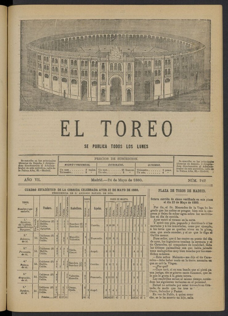 Miniatura de El Toreo: suplemento a "La Correspondencia Teatral" del 24 de mayo de 1880, nº 242