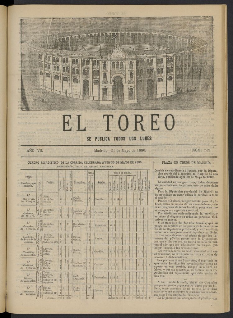 Miniatura de El Toreo: suplemento a "La Correspondencia Teatral" del 31 de mayo ade 1880, nº 243