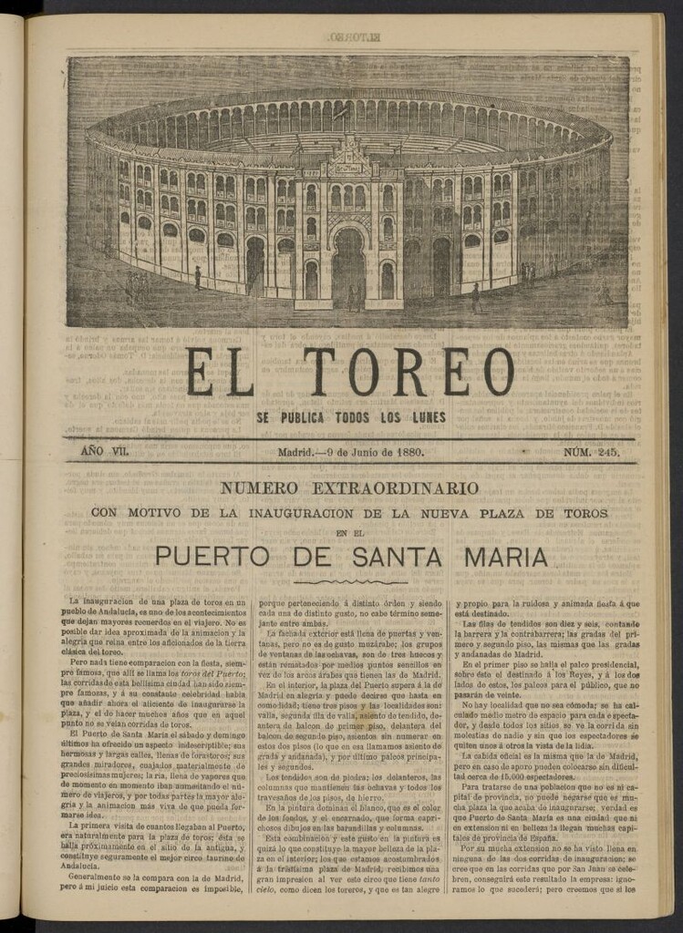 Miniatura de El Toreo: suplemento a "La Correspondencia Teatral" del 9 de junio de 1880, nº 245