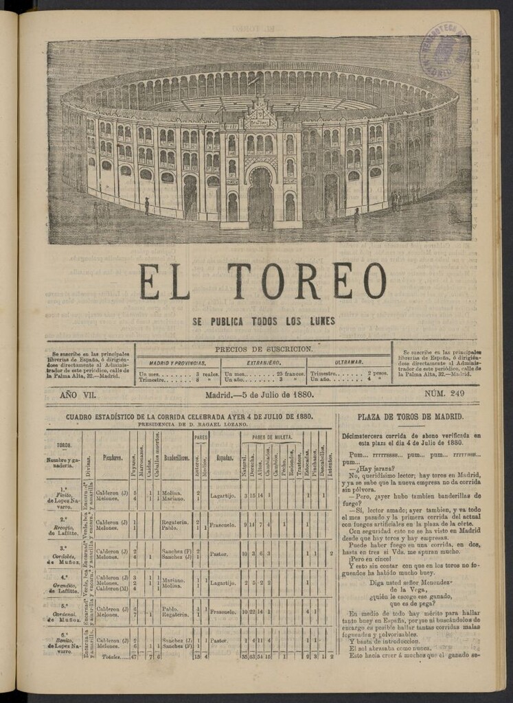 Miniatura de El Toreo: suplemento a "La Correspondencia Teatral" del 5 de julio de 1880, nº 249