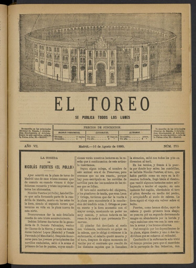 Miniatura de El Toreo: suplemento a "La Correspondencia Teatral" del 16 de agosto de 1880, nº 255