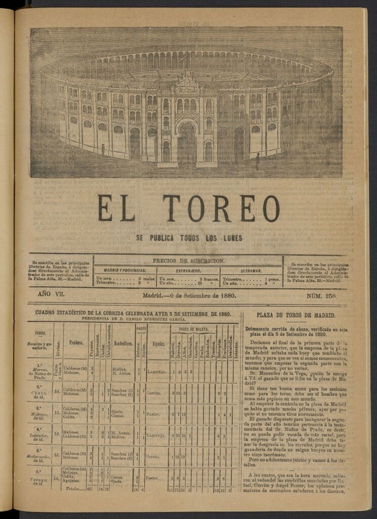 Miniatura de El Toreo: suplemento a "La Correspondencia Teatral" del 6 de septiembre de 1880, nº 258