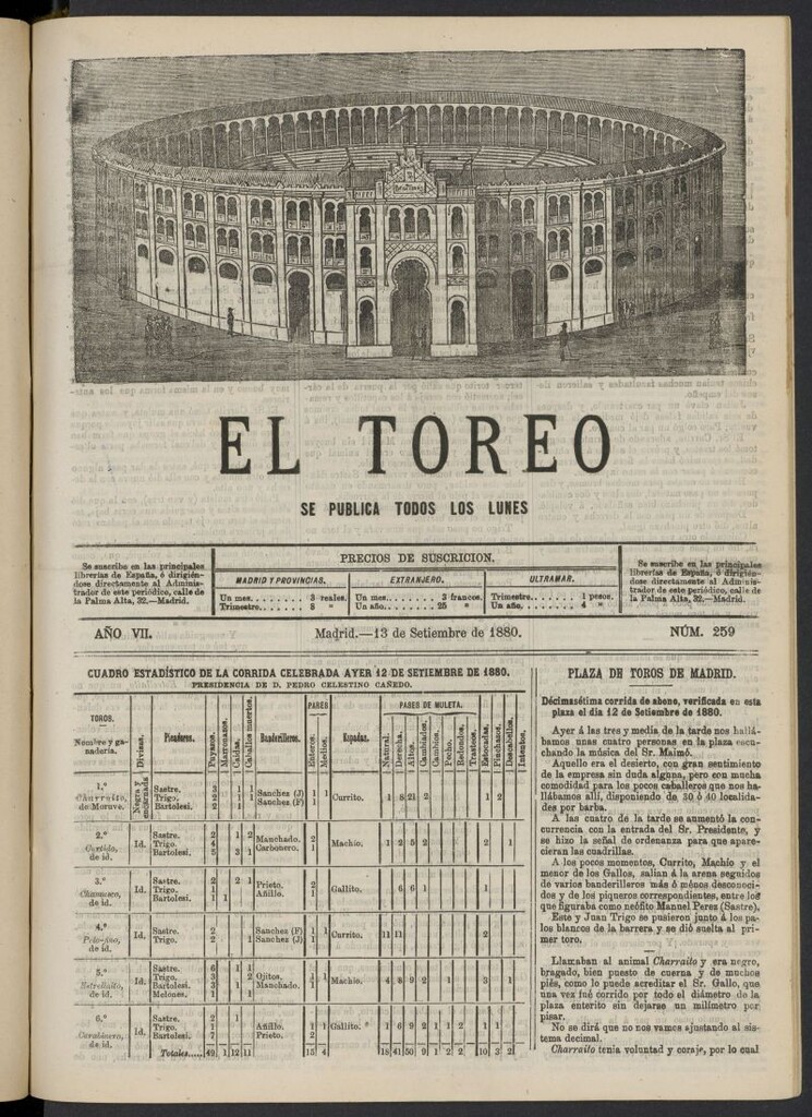 Miniatura de El Toreo: suplemento a "La Correspondencia Teatral" del 13 de septiembre de 1880, nº 259