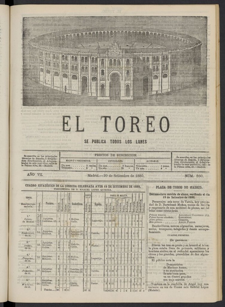 Miniatura de El Toreo: suplemento a "La Correspondencia Teatral" del 20 de septiembre de 1880, nº 260