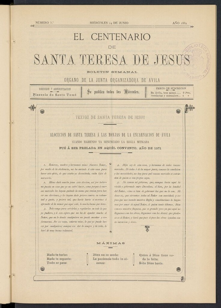 Miniatura de El Centenario de Santa Teresa de Jesús del 14 de junio de 1882