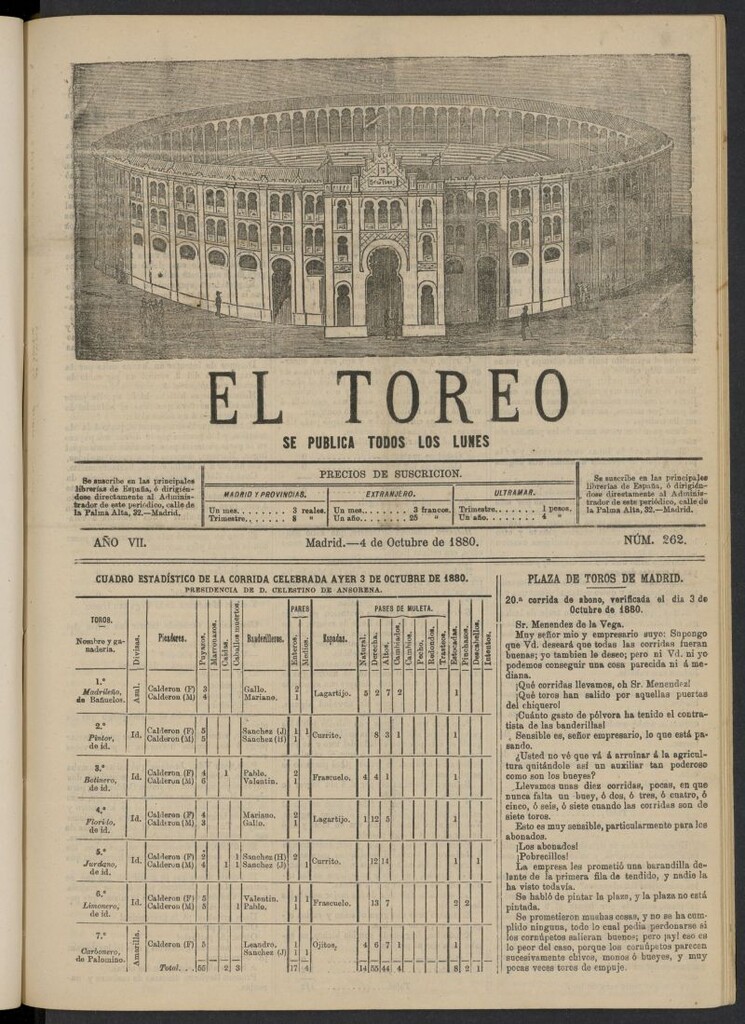 Miniatura de El Toreo: suplemento a "La Correspondencia Teatral" del 4 de octubre de 1880, nº 262
