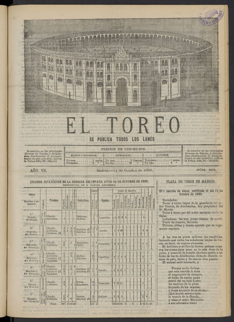Miniatura de El Toreo: suplemento a "La Correspondencia Teatral" del 11 de octubre de 1880, nº 263