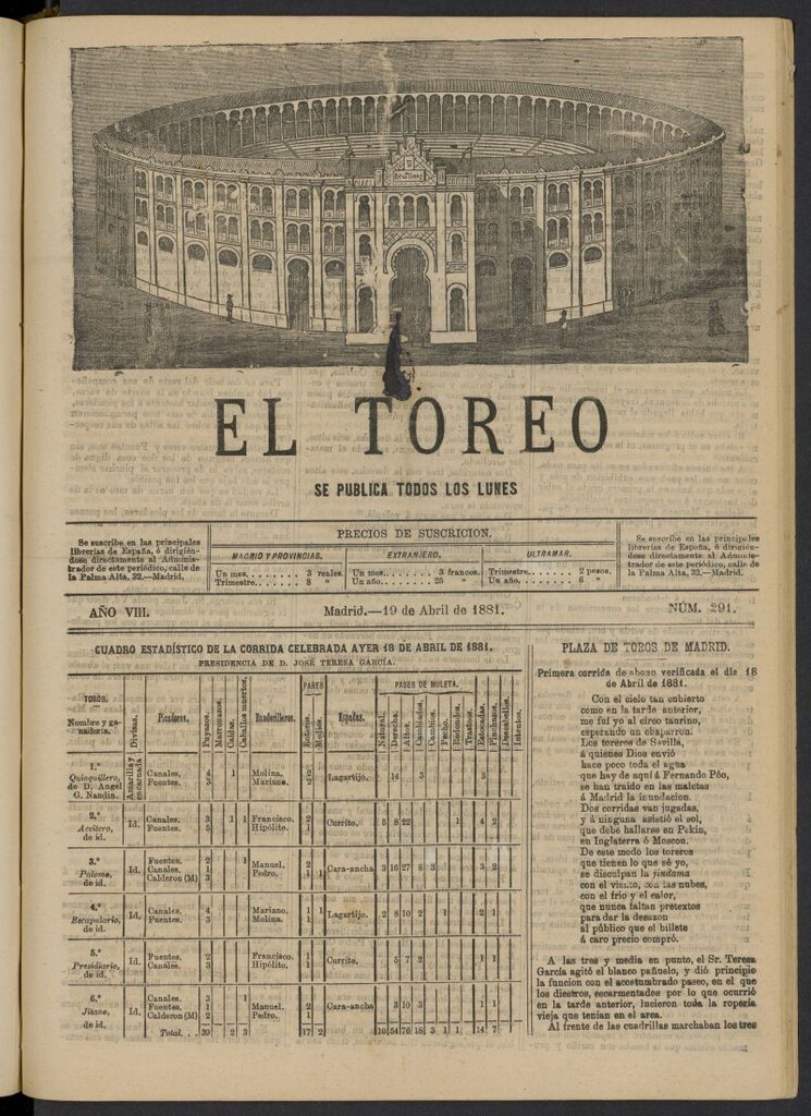 Miniatura de El Toreo: suplemento a "La Correspondencia Teatral" del 19 de abril de 1881, nº 291