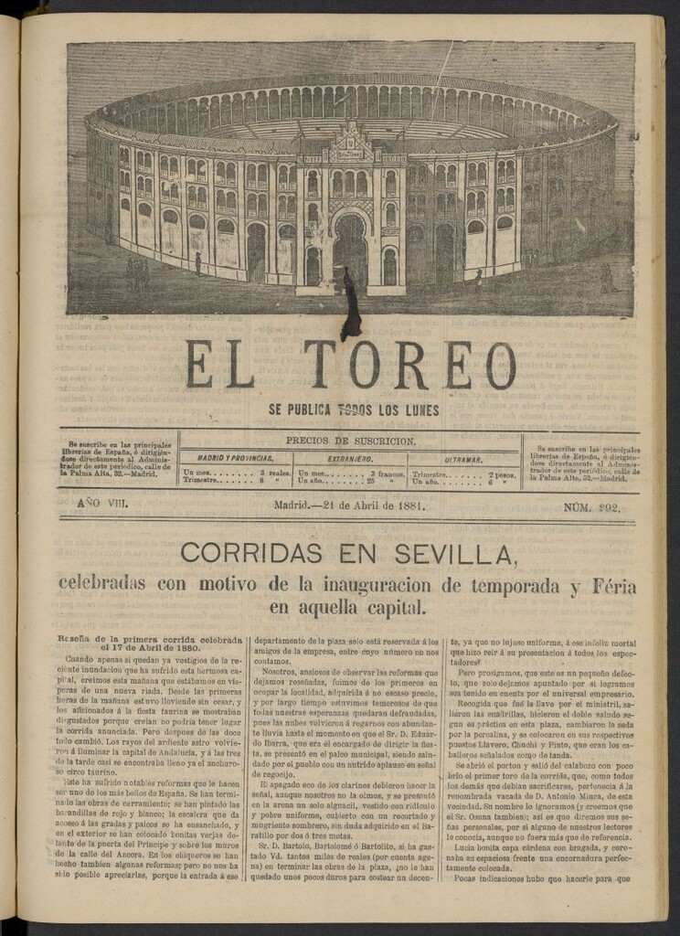 Miniatura de El Toreo: suplemento a "La Correspondencia Teatral" del 21 de abril de 1881, nº 292