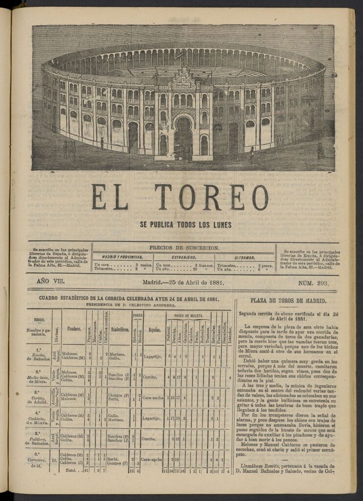 Miniatura de El Toreo: suplemento a "La Correspondencia Teatral" del 25 de abril de 1881, nº 293