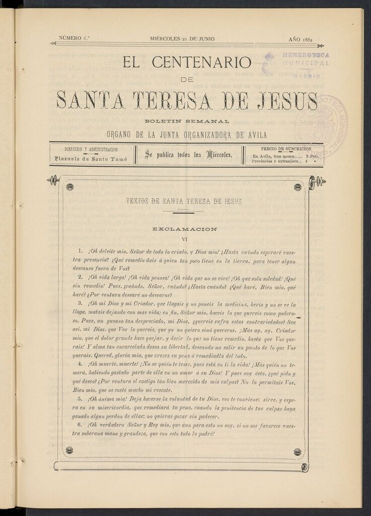Miniatura de El Centenario de Santa Teresa de Jesús del 21 de junio de 1882