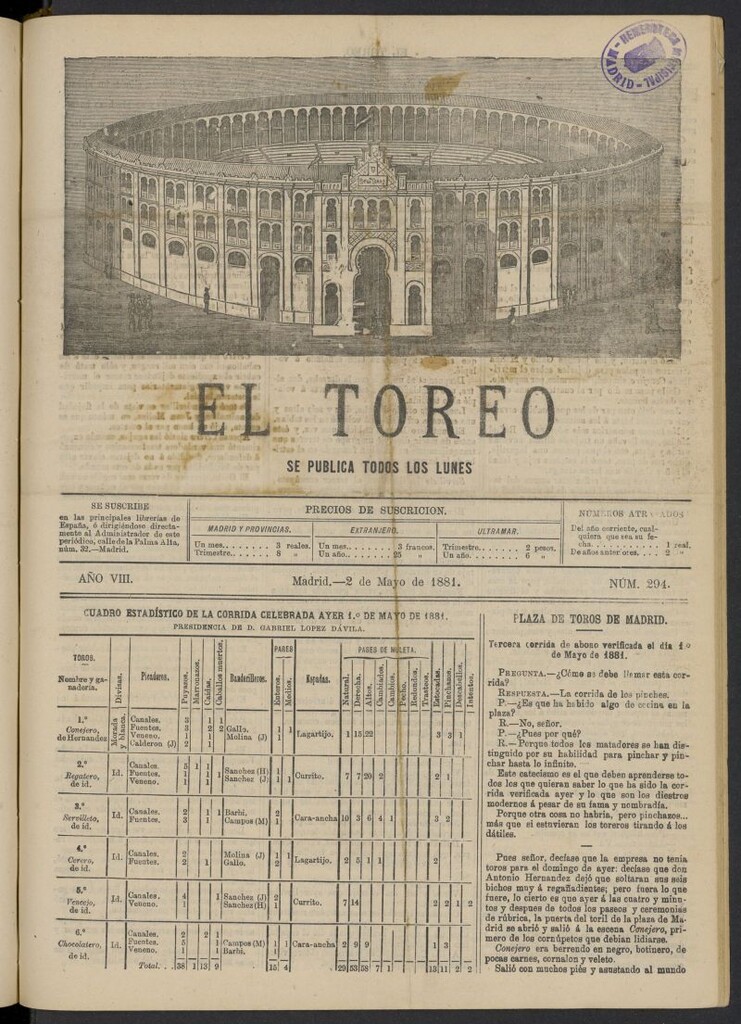Miniatura de El Toreo: suplemento a "La Correspondencia Teatral" del 2 de mayo de 1881, nº 294