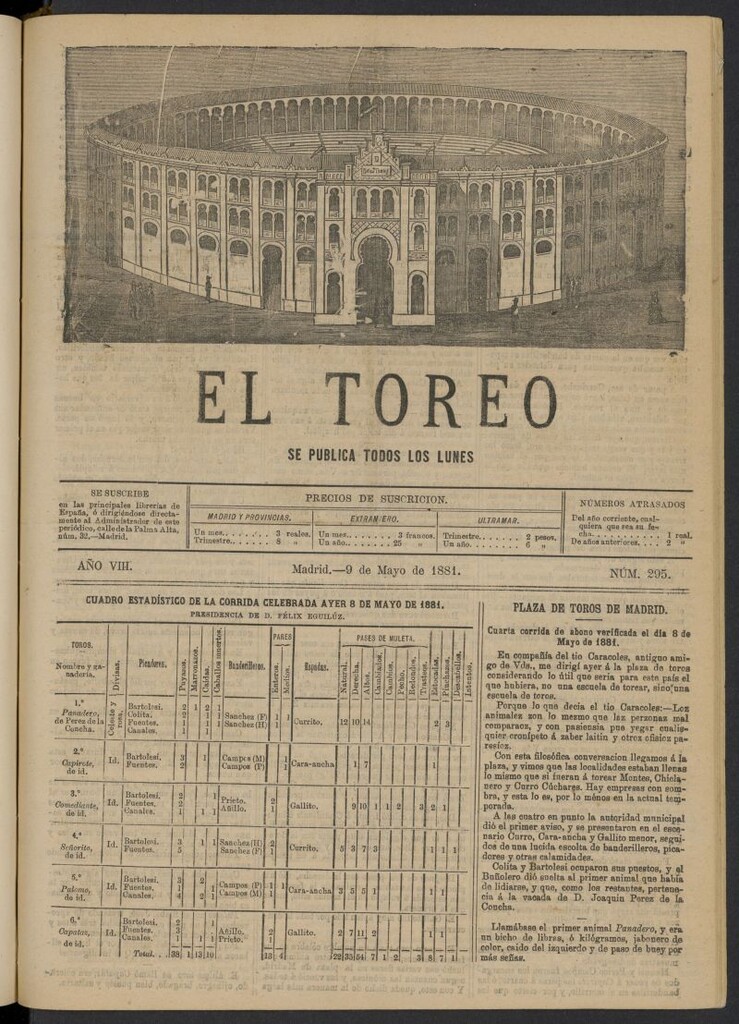 Miniatura de El Toreo: suplemento a "La Correspondencia Teatral" del 9 de mayo de 1881, nº 295