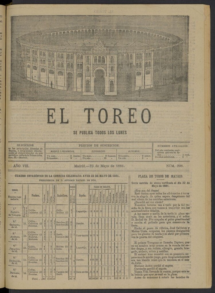 Miniatura de El Toreo: suplemento a "La Correspondencia Teatral" del 23 de mayo de 1881, nº 298