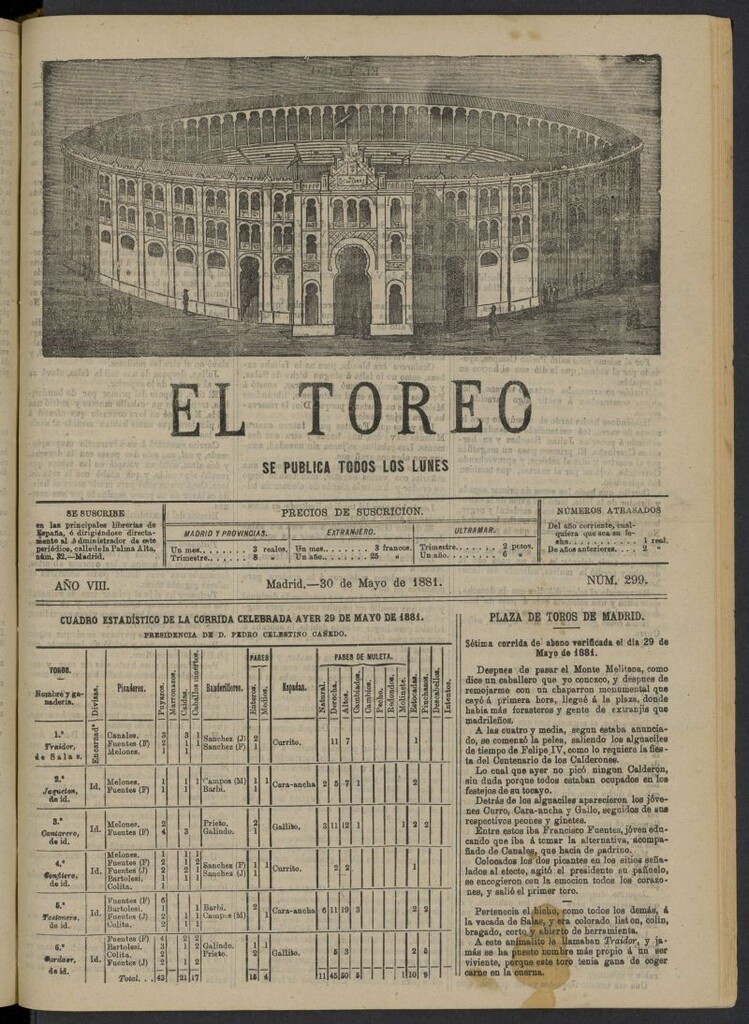 Miniatura de El Toreo: suplemento a "La Correspondencia Teatral" del 30 de mayo de 1881, nº 299