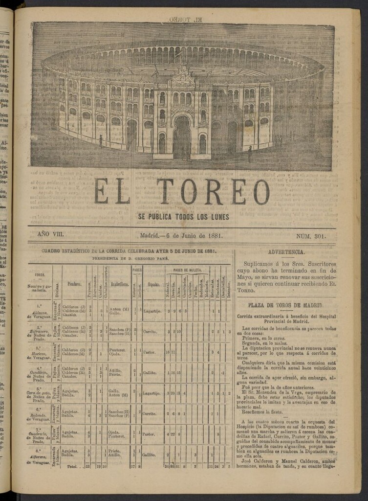 Miniatura de El Toreo: suplemento a "La Correspondencia Teatral" del 6 de junio de 1881, nº 301