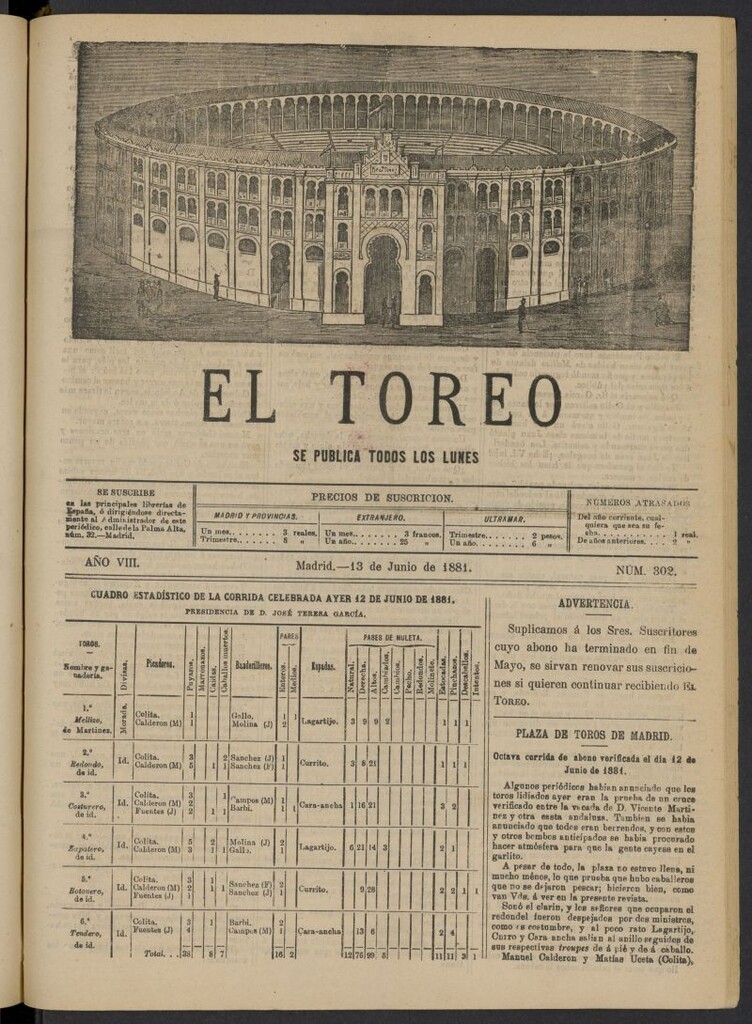 Miniatura de El Toreo: suplemento a "La Correspondencia Teatral" del 13 de junio de 1881, nº 302