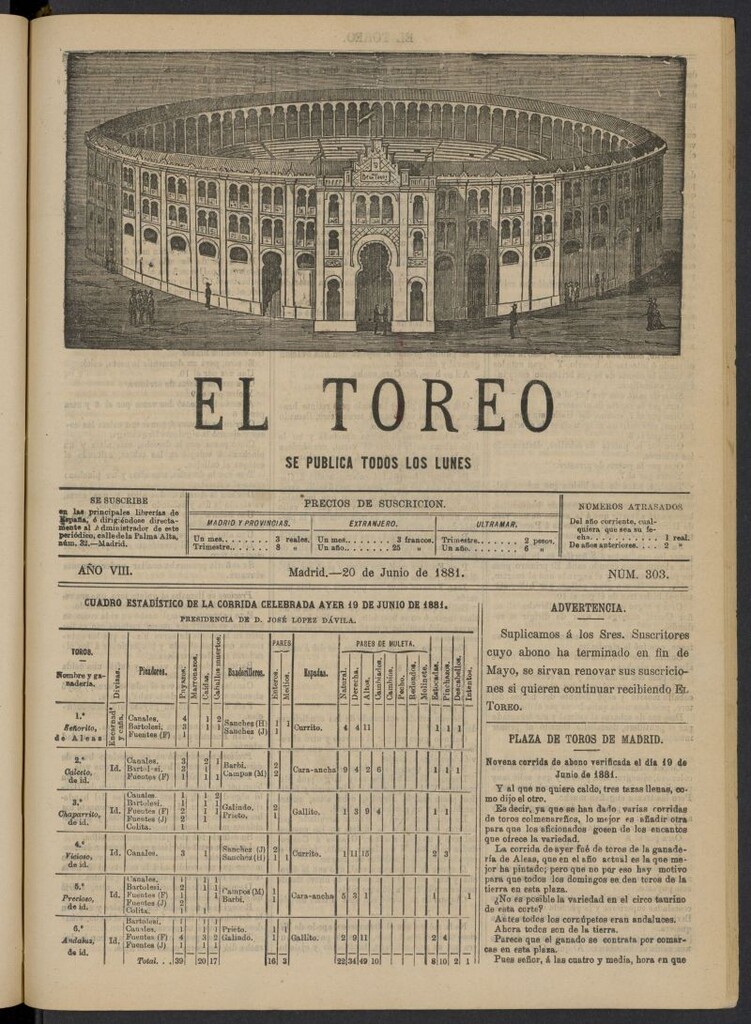 Miniatura de El Toreo: suplemento a "La Correspondencia Teatral" del 20 de junio de 1881, nº 303