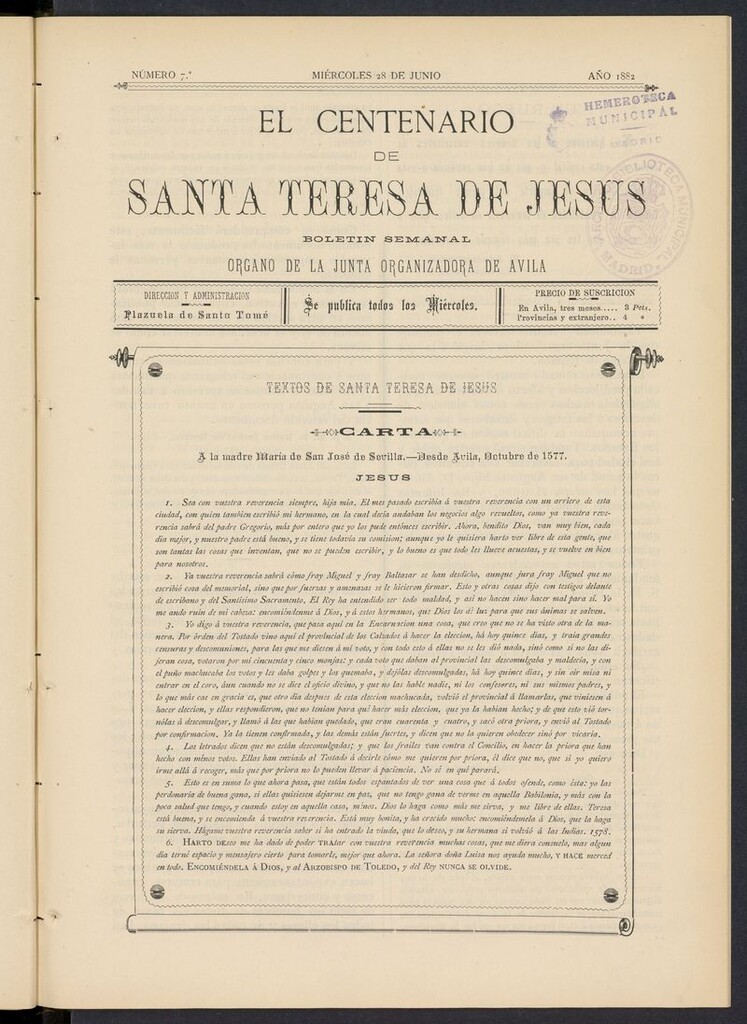 Miniatura de El Centenario de Santa Teresa de Jesús del 28 de junio de 1882