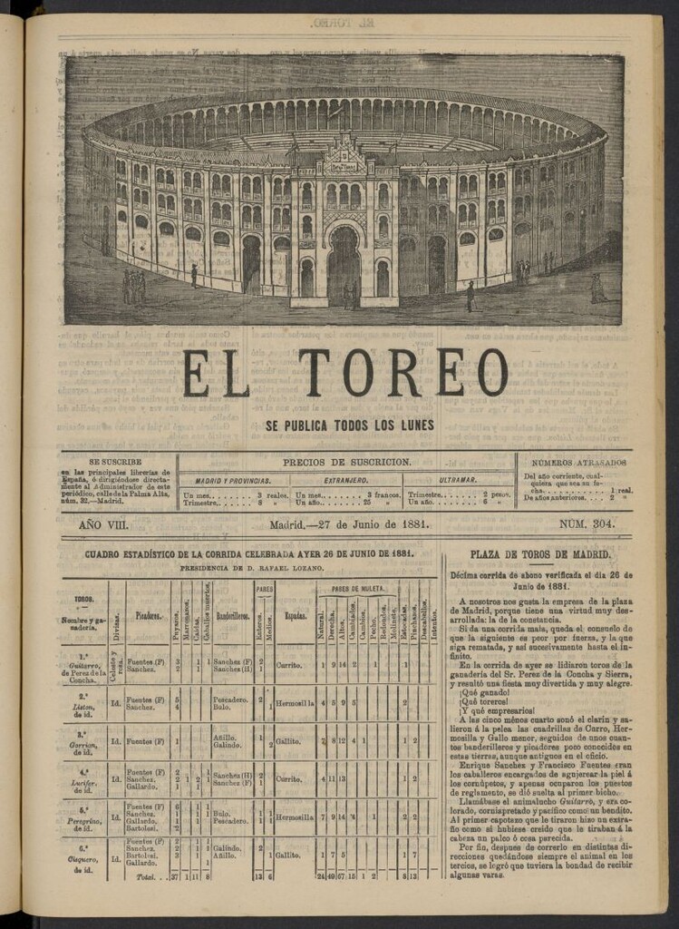Miniatura de El Toreo: suplemento a "La Correspondencia Teatral" del 27 de junio de 1881, nº 304