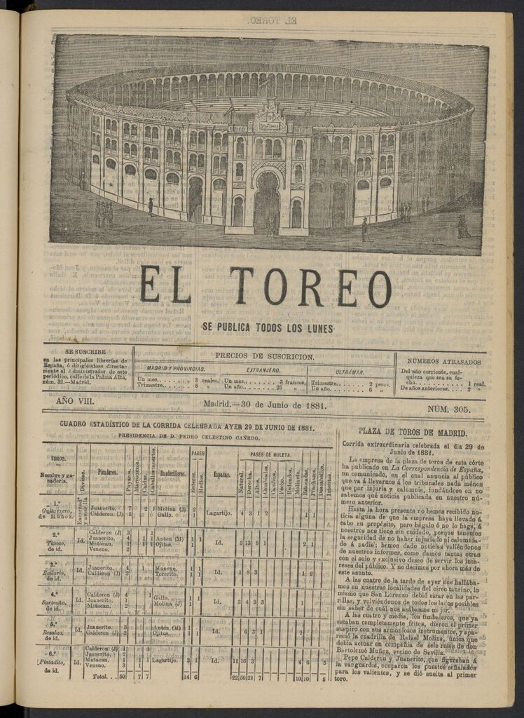 Miniatura de El Toreo: suplemento a "La Correspondencia Teatral" del 30 de junio de 1881, nº 305